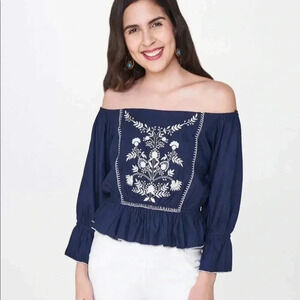 Globaldesi NWT Indigo Blue White Embroidered Top Size XS